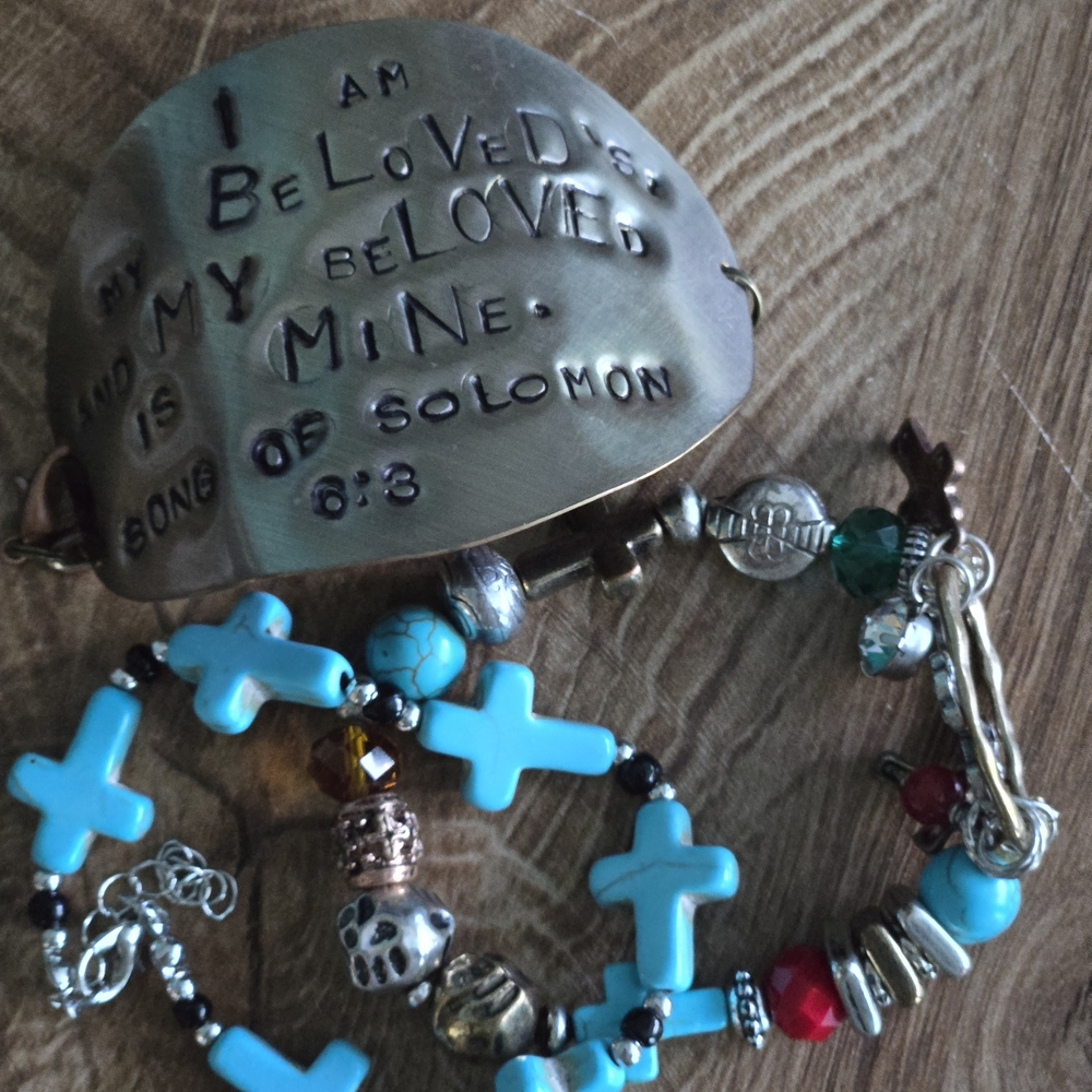Engraved Brass Cuff and Beaded Bracelet Set